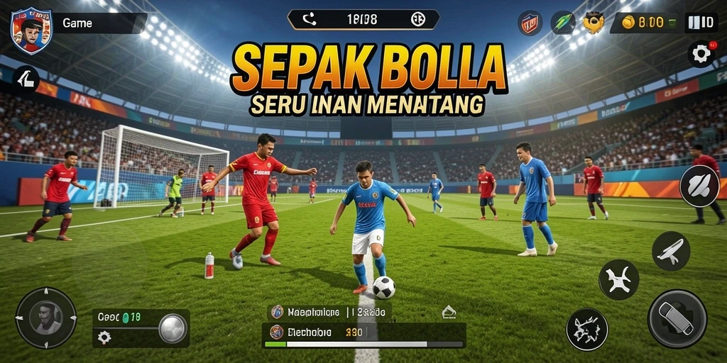 Screenshot utama RP8 menampilkan aksi seru di lapangan sepak bola.